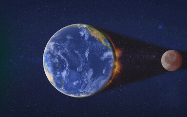 Wall Mural - moon eclipse. red moon. sunlight shadow between earth and moon. 3d rendered illustration.