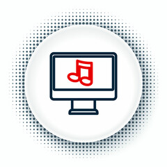 Poster - Line Computer with music note symbol on screen icon isolated on white background. Colorful outline concept. Vector