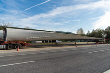 Long Wind Energy Wing (blades) For Electricity Generation. Transport On Road By Special Long Truck