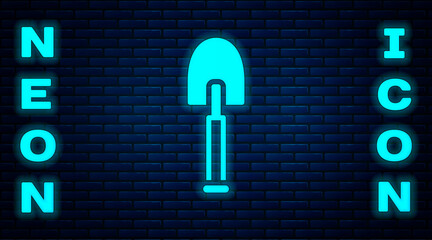 Wall Mural - Glowing neon Shovel icon isolated on brick wall background. Gardening tool. Tool for horticulture, agriculture, farming. Vector