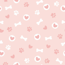 Cute Seamless Pattern With Pet Paw, Bone And Hearts. Vector Illustration On Pink Background. It Can Be Used For Wallpapers, Wrapping, Cards, Patterns For Clothes And Other.