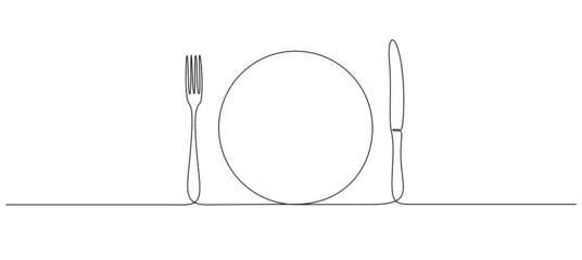 Aufkleber - One continuous line drawing of food tools. Plate Fork and Knife for decoration restoran menu in simple linear style. Hand drawn sign or logo cafe. Editable stroke. Doodle vector illustration
