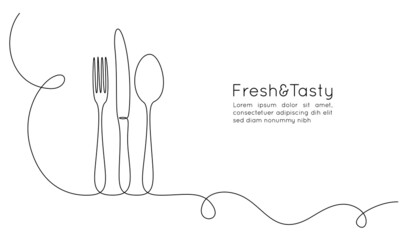 Aufkleber - One continuous line drawing of food tools. Spoon fork and knife for decoration restoran menu ot banner in simple linear style. Hand drawn sign cafe. Editable stroke. Doodle vector illustration