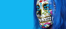 A Beautiful View Of 3d Illustration With Mexican Skull Painting On A 3d Model. Gradient Background.