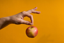 Female Hand Holding A Red Apple On A Yellow Background