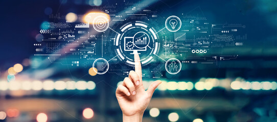 Wall Mural - marketing strategy concept with hand pressing a button on a technology screen