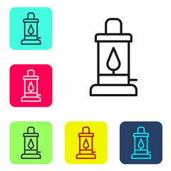 Poster - Black line Camping lantern icon isolated on white background. Set icons in color square buttons. Vector