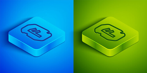 Wall Mural - Isometric line Magic rune icon isolated on blue and green background. Rune stone. Square button. Vector