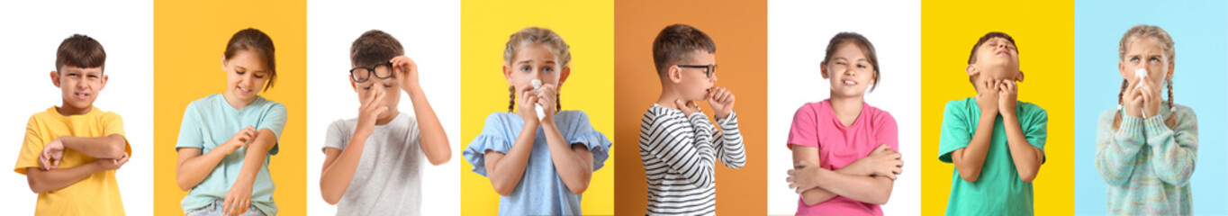 Wall Mural - Set of different children suffering from allergic reactions on color background