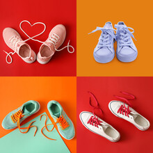 Set Of Casual And Sportive Shoes On Colorful Background