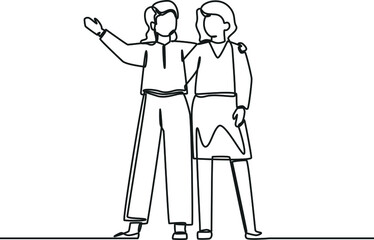 Wall Mural - One continuous line drawing of two young woman standing together and posing to huge each other. Friendship day. Single line draw design vector graphic illustration.