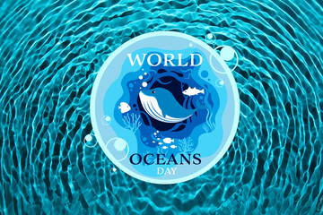 Wall Mural - Card for World Ocean Day with drawn whale and fishes