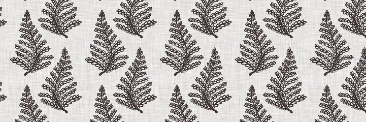 French grey botanical leaf linen border pattern with 2 tone country cottage style motif. Simple vintage rustic fabric textile effect. Primitive modern shabby chic kitchen cloth design.