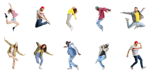 Wall Mural - Set of hip-hop dancers on white background