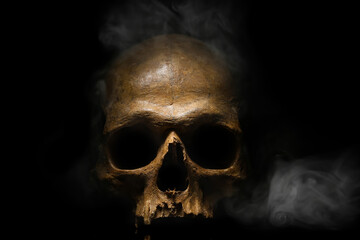 Wall Mural - Human skull and smoke on black background