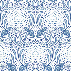 Wall Mural - Floral seamless pattern with polka dots. Blue and white ornament cobalt painting style on porcelain. Tiled vintage background. For textile design, wallpaper, background