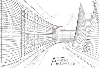 3D illustration Imagination architecture building construction perspective design,abstract modern urban building out-line black and white drawing.