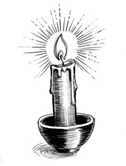 Burning candle. Ink black and white drawing