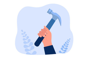 Wall Mural - hand of repairman or carpenter holding hammer. person with tool flat vector illustration. repair ser