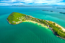 Small Tropical Island In The Ocean With Many Resorts, Aerial View Of Ong Doi Island In Phu Quoc, Kien Giang, Vietnam