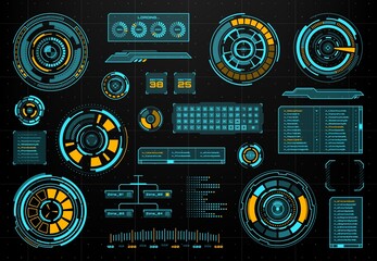 Poster - HUD futuristic infographics and screen interface panels with speedometer, visual data and loading bar, keypad and info box set. HUD interface vector frame, neon virtual panels and electronic graphs