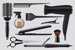 Realistic hairdresser tools, barbershop salon items 3d vector. Professional hairstyle accessories with scissors, hairdryer, curling iron and comb, shaving brush, sprayer and barrette appliance