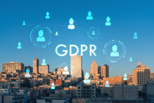 Panoramic Cityscape View Of San Francisco Nob Hill Area, Sunset, Midtown Skyline, California, United States. GDPR Hologram, Concept Of Data Protection Regulation And Privacy For All Individuals