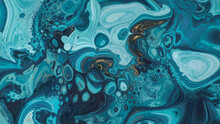 Paint Swirls In Beautiful Teal And Blue Colors, With Gold Powder. Luxurious Design Background.