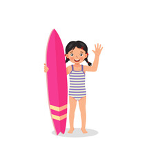 Poster - cute little girl surfer holding surfboard waving hand on summer vacation