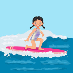 Sticker - happy little girl surfer riding on surfboard having fun on sea wave on the beach in summer vacation