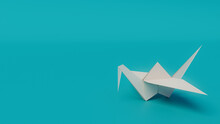 White Origami Bird. Minimalist Design With Turquoise Background And Copy Space.
