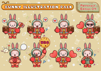 Wall Mural - set or pack illustration of cute mascot space bunny holding birthday present boxes and other things