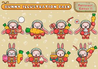 Wall Mural - set or pack illustration of cute mascot space bunny holding carrots and other things