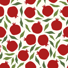 Wall Mural - Vector seamless pattern with pomegranate. Creative fabric print for textile, digital paper, cosmetics, organic healthy food. Fruit, leaves on beige background.