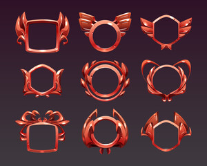 Wall Mural - ui game frames, level borders, red textured round, square and hexagon with ornate rims and laurel wr