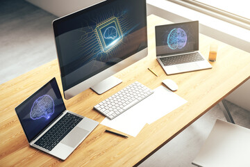 Modern computer monitor with creative artificial Intelligence symbol. Neural networks and machine learning concept. 3D Rendering