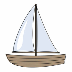 Wooden boat with sail color vector illustration in cartoon style on a white background.