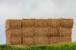 Countryside landscape with stack of blocks of dry hay on green grass field, Keep to feed cows, horses or another animals in the farm in the winter, Agriculture in the farmland.