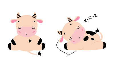 Canvas Print - Cute Little Cow Calf with Hoof Sitting and Snoring Sleeping on Pillow Vector Set