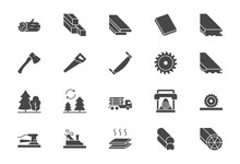 Lumber Flat Icons. Vector Illustration Include Icon - Log, Plank, Polishing Grinder, Saw, Lumberjack, Cutting, Carpentry Glyph Silhouette Pictogram For Wood Cutting. Black Color Signs