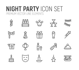 Poster - Simple line set of night party icons.