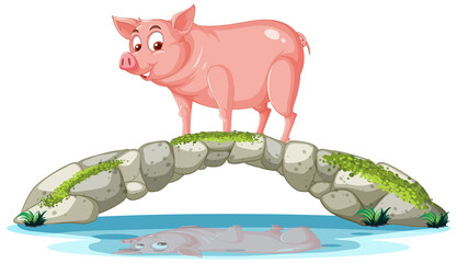 Wall Mural - A pig standing on stone bridge