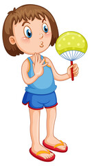 Poster - Cute girl in summer outfit holding hand fan