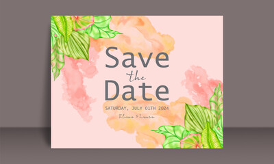 Wall Mural - Wedding invitation template with tropical leaf frame