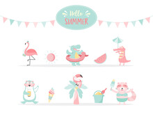 Set Of Summer Beach Animals Hand Drawn Style,cards,poster,template,greeting,cute,animal,Vector Illustrations