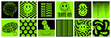 Rave Psychedelic Acid Sticker Set. Trippy Illustrations, Dripping Smiles. Surreal Geometric Shapes.