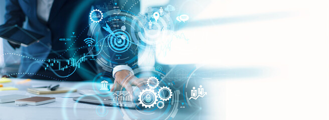 Leinwandbilder - Businessman touching a global business on customer networking and Digital marketing, Target of Business strategy growth and development on social network, HR, Banking and financial. IoT.