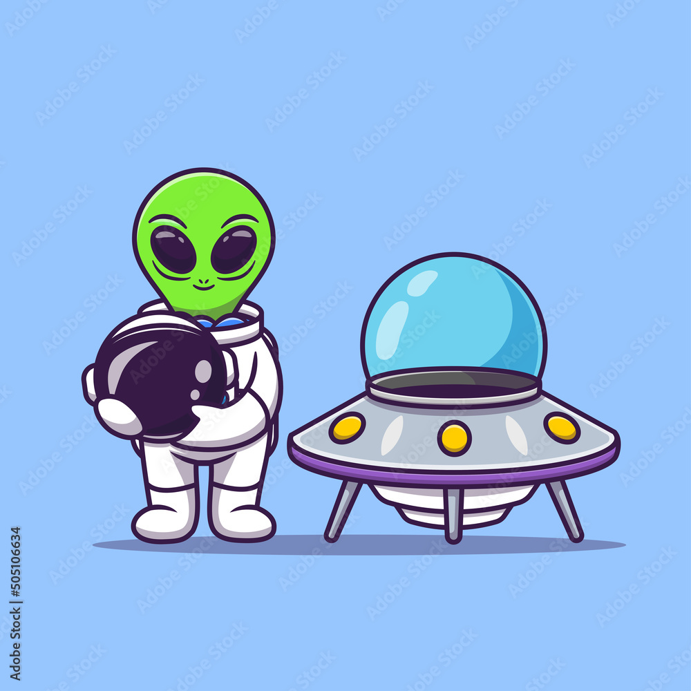 Cute Astronaut Alien Holding Helmet With Spaceship UFO Cartoon Vector ...