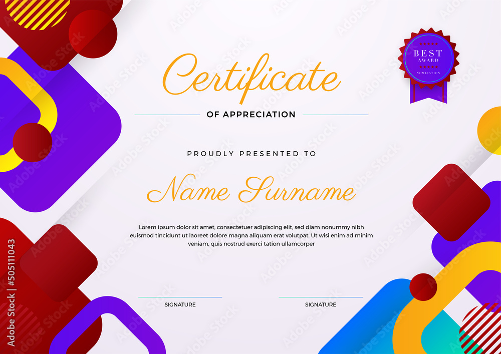 Certificate of appreciation template, colorful and blue red orange ...