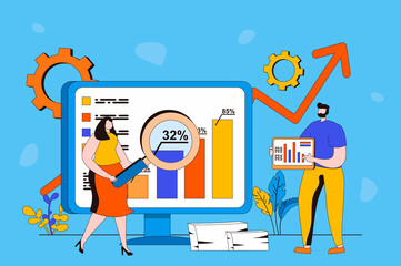 Aufkleber - Data analysis web concept in flat 2d design. Man and woman doing marketing research or financial report, working with databases and charts, working on dashboard. Vector illustration with people scene